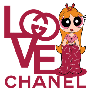 Personagem estilizada com cabelo laranja, usando roupas estampadas da marca Chanel, ao lado do texto "LOVE CHANEL" em vermelho. Ideal para ilustrar a fusão entre moda e cultura pop.