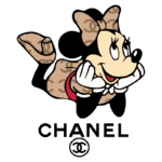 Imagem de Minnie Mouse estilizada com roupas e laço na estampa CHANEL, exibindo uma expressão alegre ao lado do logotipo da marca.