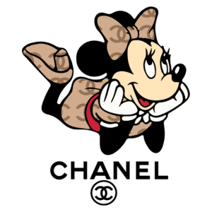 Imagem de Minnie Mouse estilizada com roupas e laço na estampa CHANEL, exibindo uma expressão alegre ao lado do logotipo da marca.
