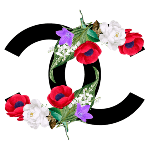 Logotipo da marca Chanel em estilo floral, com flores vermelhas, brancas e violetas envolvendo as letras.
