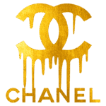 Logotipo da Chanel em dourado, com o famoso símbolo entrelaçado "CC" e a palavra "CHANEL" abaixo, apresentando um design que aparenta gotejamento.