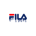 Logotipo da marca FILA com letras em azul escuro e detalhes em vermelho, apresentando um efeito de tinta escorrendo, simbolizando estilo e modernidade.