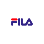 Logotipo da marca Fila, com as letras "FILA" em azul e um detalhe em vermelho, representando o designer moderno e esportivo da empresa.