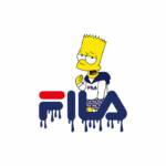 Bart Simpson vestindo moletom e shorts da marca Fila, posando com um gesto de confiança, ao lado do logotipo da Fila em estilo gráfico moderno. Ideal para destacar moda urbana e colaborações com personagens icônicos.