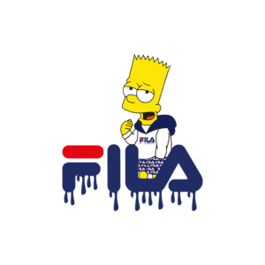 Bart Simpson vestindo moletom e shorts da marca Fila, posando com um gesto de confiança, ao lado do logotipo da Fila em estilo gráfico moderno. Ideal para destacar moda urbana e colaborações com personagens icônicos.