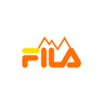 Logotipo da marca Fila com letras estilizadas em laranja e amarelo, acompanhado de montanhas no fundo, representando a conexão da marca com atividades ao ar livre e esportes.