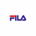 Logotipo da Fila, uma marca de roupa e calçados esportivos, com cores azul, vermelho e branco.