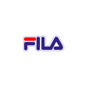 Logotipo da Fila, uma marca de roupa e calçados esportivos, com cores azul, vermelho e branco.