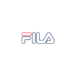 Logo da marca Fila, apresentada em design moderno com as cores azul, vermelho e branco, representando estilo e esportividade. Ideal para produtos de moda e artigos esportivos.