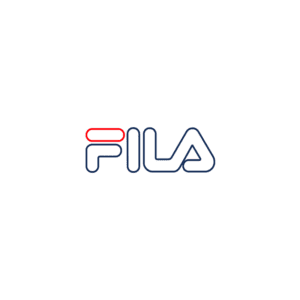 Logo da marca Fila, apresentada em design moderno com as cores azul, vermelho e branco, representando estilo e esportividade. Ideal para produtos de moda e artigos esportivos.