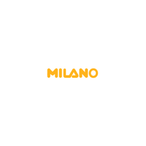 Logotipo da marca Milano, com design moderno em letras amarelas sobre fundo transparente, representando uma identidade visual criativa e contemporânea.