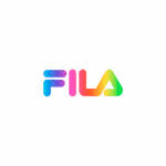 Logotipo da marca Fila com design moderno em cores vibrantes, incluindo azul, rosa, amarelo e verde, representando estilo e inovação no universo esportivo.