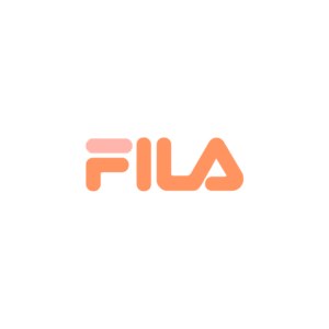 Logotipo da marca Fila em tons de laranja, representando moda e estilo esportivo. Ideal para conteúdos relacionados a vestuário e calçados esportivos.