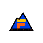 Logotipo da Mountain, apresentando uma montanha estilizada em azul, laranja e amarelo, com a letra "F" em destaque. Ideal para identificação visual de marcas relacionadas a aventuras ao ar livre e esportes na natureza.