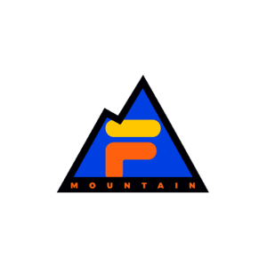 Logotipo da Mountain, apresentando uma montanha estilizada em azul, laranja e amarelo, com a letra "F" em destaque. Ideal para identificação visual de marcas relacionadas a aventuras ao ar livre e esportes na natureza.