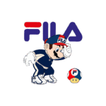Personagem inspirado em videogame vestido com roupas da marca Fila, agachado em frente a um cogumelo colorido, com o logotipo da Fila ao fundo.