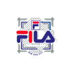 Logotipo da Fila com as palavras "New York City", destacando cores vibrantes em vermelho, azul e branco, representando a marca de moda e esportes.