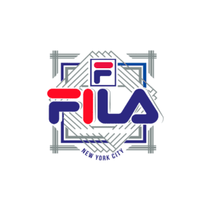 Logotipo da Fila com as palavras "New York City", destacando cores vibrantes em vermelho, azul e branco, representando a marca de moda e esportes.