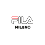 Logo da marca Fila Milano em design moderno e minimalista, com letras em preto e um detalhe vermelho. Ideal para destacar produtos de moda e esportes.