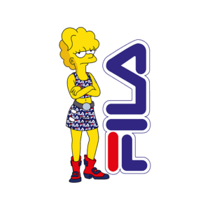 Imagem de personagem estilo Simpsons vestindo um vestido estampado da marca Fila, com botas vermelhas, em uma pose confiante ao lado do logotipo da Fila.