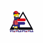 Personagem estilizado com roupas da marca Fila, incluindo um moletom vermelho e azul com logotipo, chapéu e máscara, posando em frente ao logotipo triangular da Fila.