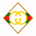 Logotipo icônico da marca Gucci, apresentando as letras "GG" entrelaçadas em uma moldura losangular com cores características verde e vermelho, acompanhado do nome "Gucci" em letras maiúsculas.