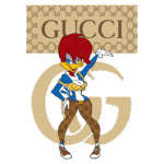 Pato estilizado em roupas da Gucci, posando com confiança em frente ao logotipo da marca. O fundo apresenta um padrão que destaca a estética luxuosa da Gucci, combinando moda e cultura pop.