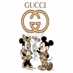 Desenho de Mickey e Minnie Mouse usando roupas com o padrão da Gucci, segurando balões e rodeados pelo logotipo da marca.