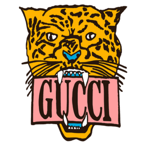Logotipo da Gucci com a imagem de um leopardo, destacando sua cabeça e mostrando a marca "GUCCI" em letras grandes em uma faixa rosa.