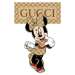 Imagem de Minnie Mouse vestindo um vestido com estampa da Gucci, com laço na cabeça e posando de forma divertida, com o logotipo da Gucci ao fundo.