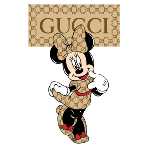 Imagem de Minnie Mouse vestindo um vestido com estampa da Gucci, com laço na cabeça e posando de forma divertida, com o logotipo da Gucci ao fundo.