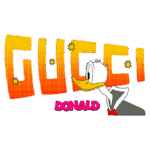 Imagem de Donald Duck em um traje elegante ao lado do texto colorido "GUCCI", com estilo vibrante e divertido. Ideal para representar a fusão entre moda e cultura pop.
