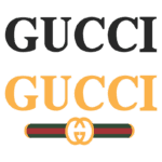 Logotipo da marca Gucci, apresentando a palavra "GUCCI" em letras grandes, com a versão superior em preto e a inferior em amarelo, com um detalhe icônico de duas letras "G" entrelaçadas em um cinto.