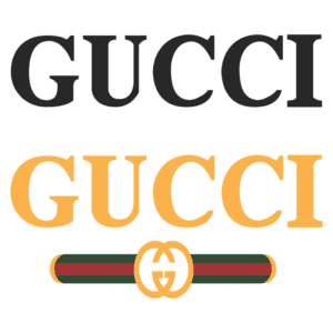 Logotipo da marca Gucci, apresentando a palavra "GUCCI" em letras grandes, com a versão superior em preto e a inferior em amarelo, com um detalhe icônico de duas letras "G" entrelaçadas em um cinto.