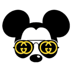 Ilustração de um personagem inspirado em um rato com orelhas grandes e óculos de sol amarelos, apresentando o logotipo da Gucci.