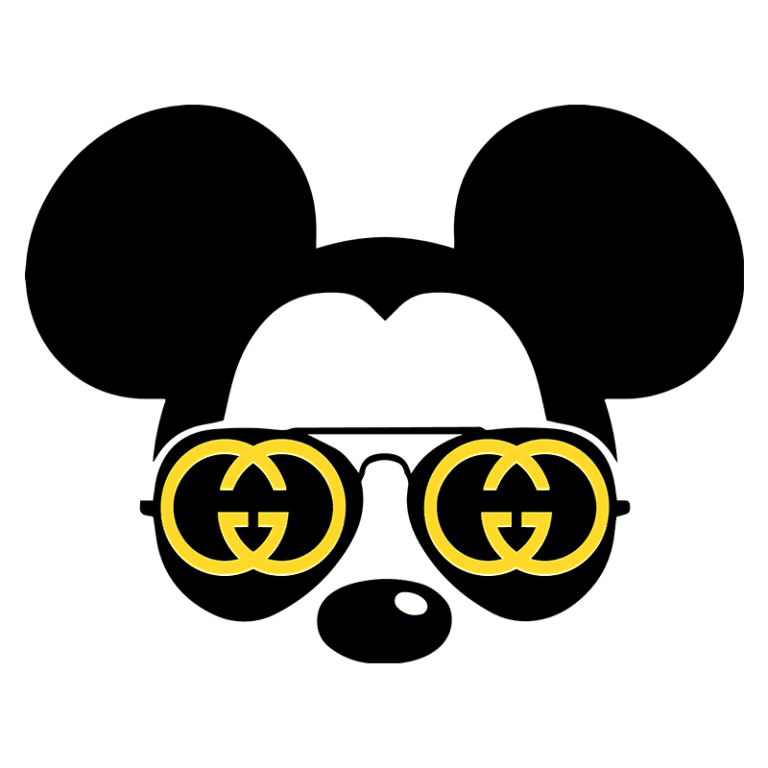 Ilustração de um personagem inspirado em um rato com orelhas grandes e óculos de sol amarelos, apresentando o logotipo da Gucci.