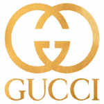 Logotipo da marca de luxo Gucci em cor dourada, exibindo as iniciais "G" entrelaçadas, com o nome "GUCCI" logo abaixo em letras maiúsculas.
