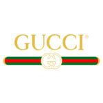 Logotipo da marca de luxo Gucci, com o nome "GUCCI" em letras grandes douradas e uma faixa verde e vermelha abaixo, destacando o emblema duplo GG.