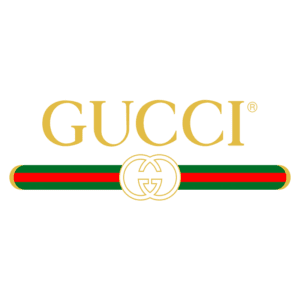 Logotipo da marca de luxo Gucci, com o nome "GUCCI" em letras grandes douradas e uma faixa verde e vermelha abaixo, destacando o emblema duplo GG.