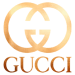 Logotipo da marca de luxo Gucci em dourado, destacando as letras "G" entrelaçadas e o nome "GUCCI" na parte inferior. Ideal para representações de moda e estilos sofisticados.