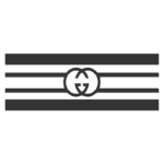 Logotipo da Gucci em design minimalista com as letras "G" entrelaçadas, apresentando listras horizontais em fundo preto, símbolo da marca de luxo italiana.