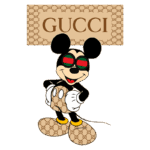 Imagem estilizada de um personagem inspirado no Mickey Mouse, usando óculos com as cores da Gucci, segurando um logotipo da marca ao fundo. O personagem está vestido com estampas do famoso padrão da Gucci.