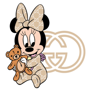 Minnie Mouse vestindo uma roupinha com estampa da Gucci, segurando um ursinho de pelúcia. O fundo apresenta o logo da Gucci em estilo minimalista.
