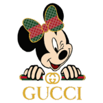 Imagem da Minnie Mouse com um laço estilizado em padrão da Gucci, acompanhada do logotipo da marca em letras douradas.