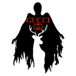 Silhueta de uma figura misteriosa com braços longos, incorporando o logotipo da Gucci em laranja, e um cervo estilizado no centro. Ideal para conteúdos sobre moda, arte e branding.