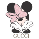 Imagem estilizada da personagem Minnie Mouse com laços decorados com o padrão da Gucci, em uma pose expressiva, acompanhada do logotipo da marca "GUCCI" na parte inferior.