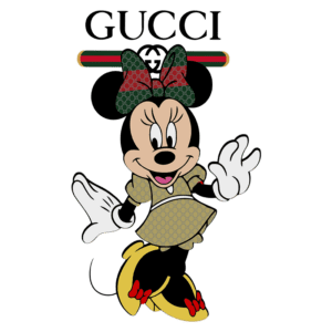 Ilustração da personagem Minnie Mouse vestindo um vestido estilizado da marca Gucci, acompanhada de um laço verde e vermelho, com a logomarca da Gucci acima. A imagem destaca o estilo moderno e fashionista da personagem clássica da Disney.