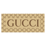 Logotipo da marca de luxo Gucci, destacando o nome em letras grandes e a icônica estampa GG ao fundo.