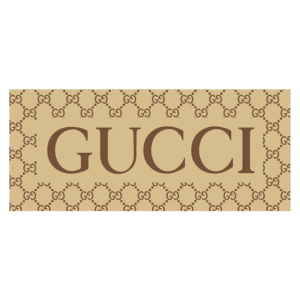 Logotipo da marca de luxo Gucci, destacando o nome em letras grandes e a icônica estampa GG ao fundo.