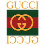 Logotipo da Gucci com as letras em destaque, apresentando o famoso monograma GG em um fundo verde e vermelho, representando a identidade da marca de luxo italiana.